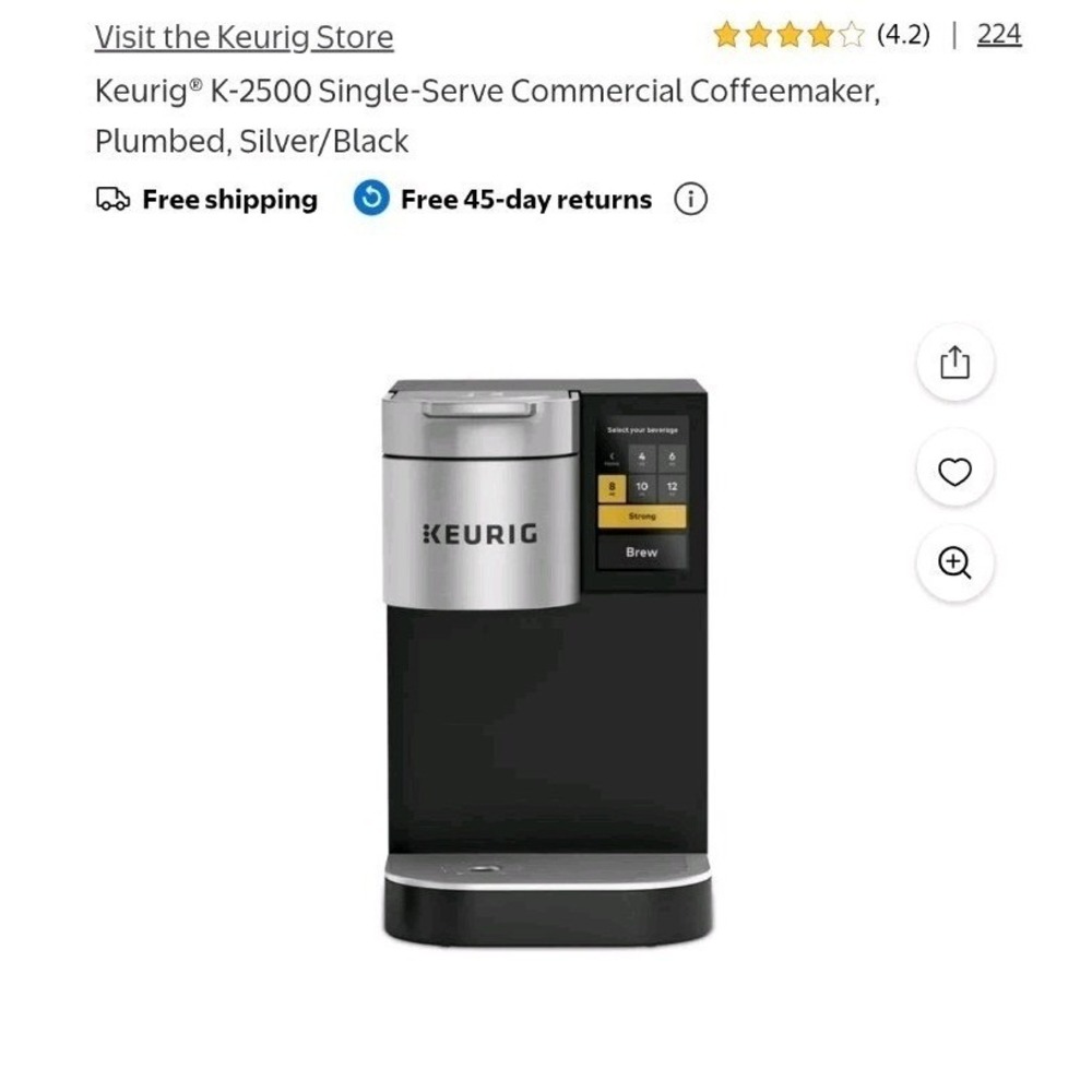 Keurig K-2500 Commercial Single Serve Coffee Maker Plumbed Silver Black K2500